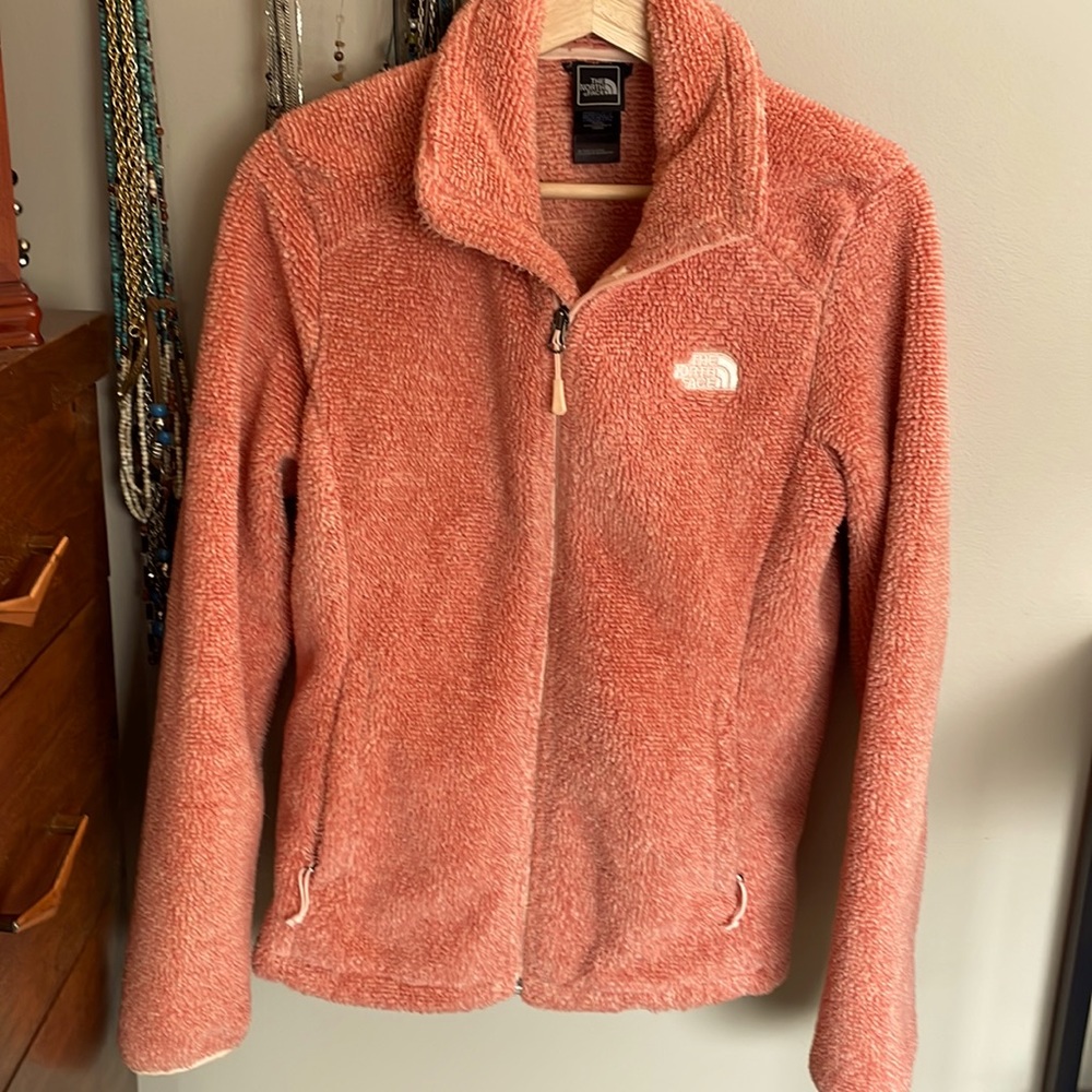 North Face, fleece jacket, Med, Coral, zip front, zipper pockets.
